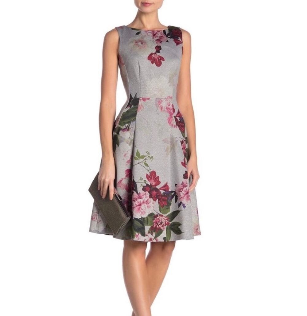 Calvin Klein fit and flare dress women’s size 8 gray floral scuba romantic event